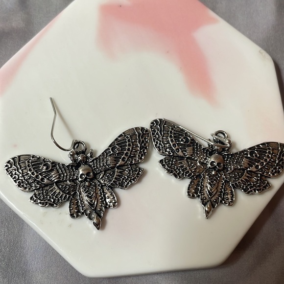 Silver Skull Moth Drop Earrings - Picture 11 of 15
